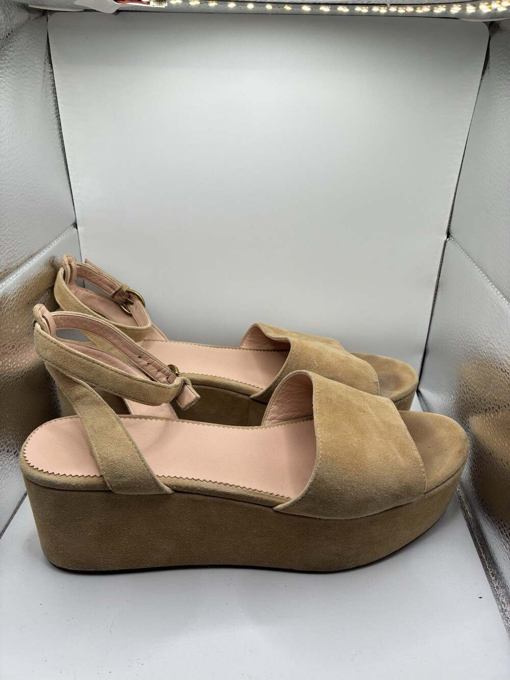 J Crew 10 Suede Platform Wedge Sandals Tan Camel Ankle Strap AK038 Leather